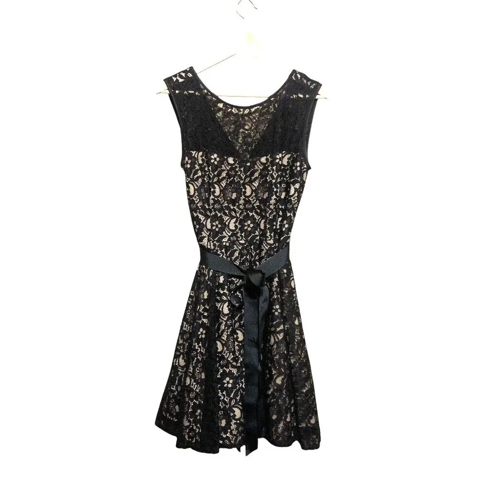 Betsy & Adam Women's Black Lace Over Beige Bow Party Cocktail Dress Sz 12 Witchy